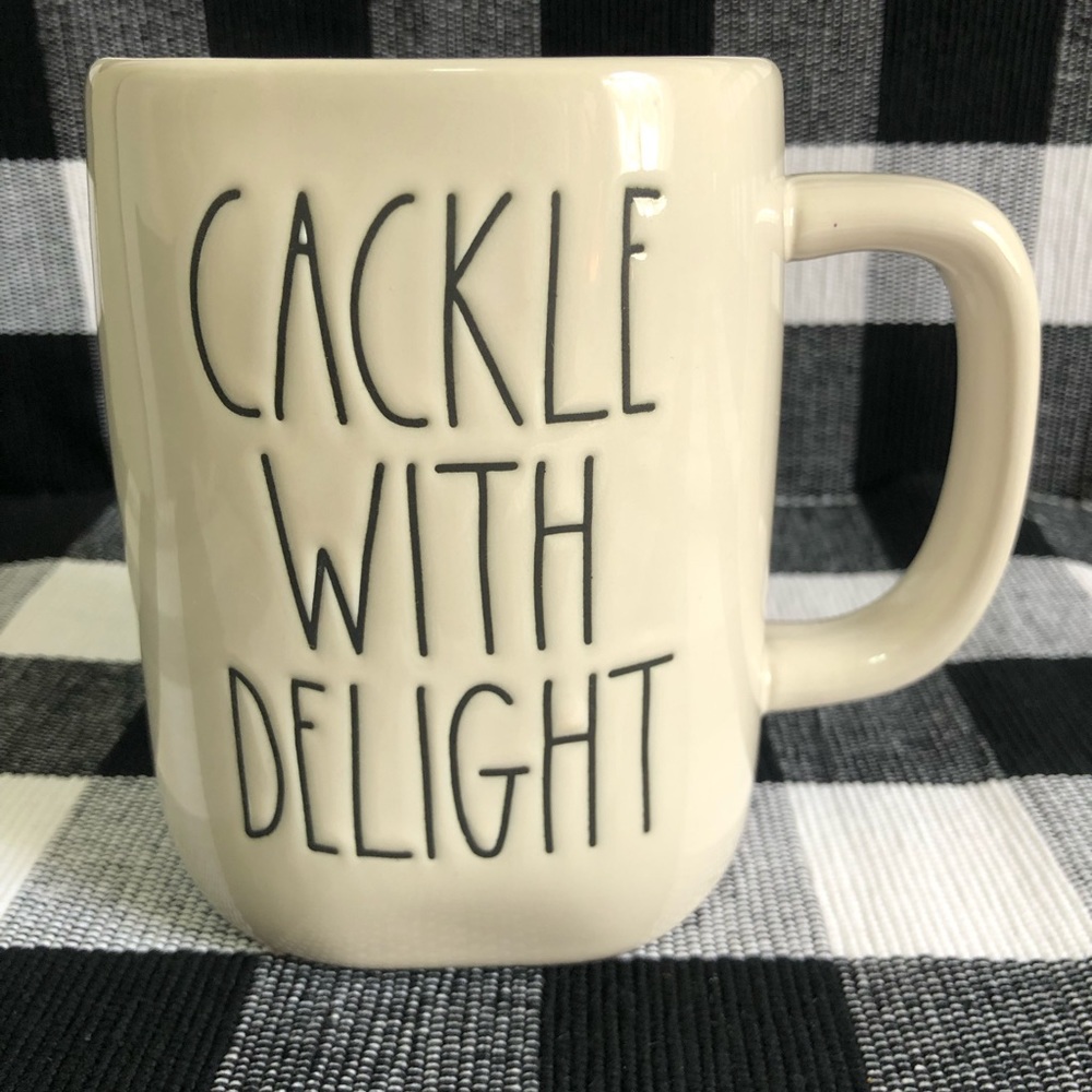 Rae Dunn “CACKLE WITH DELIGHT” Two Sided Mug Witch Hat Print on the Back